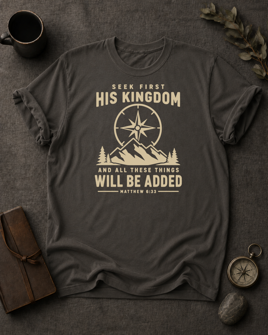 pepper Comfort Colors t-shirt with compass and mountain design reading 'Seek First His Kingdom, and all these things will be added, Matthew 6:33'"