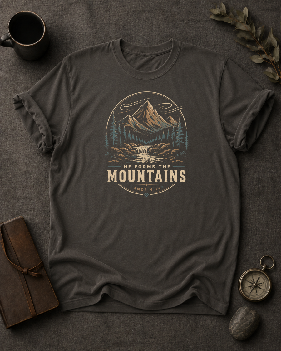 pepper Comfort Colors t-shirt with mountain waterfall design and Amos 4:13 — 'He Forms the Mountains'