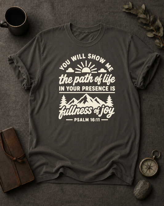 pepper Comfort Colors t-shirt with sunrise mountain design and Psalm 16:11 — 'You will show me the path of life, fullness of joy