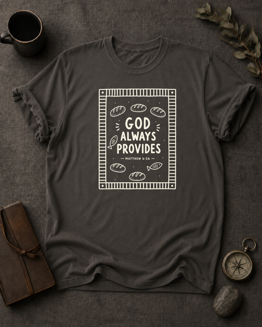 pepper Comfort Colors t-shirt with bread and fish bordered design and Matthew 6:26 — 'God Always Provides'