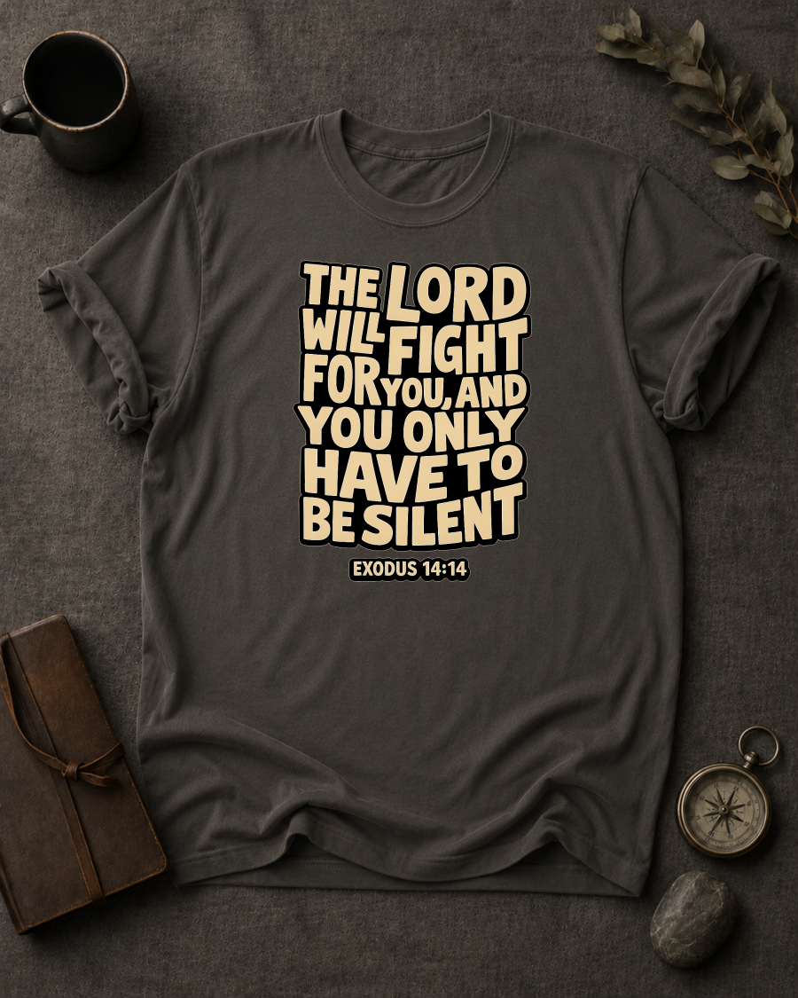 Pepper Comfort Colors t-shirt with 'The Lord Will Fight for You' Christian design, Exodus 14:14