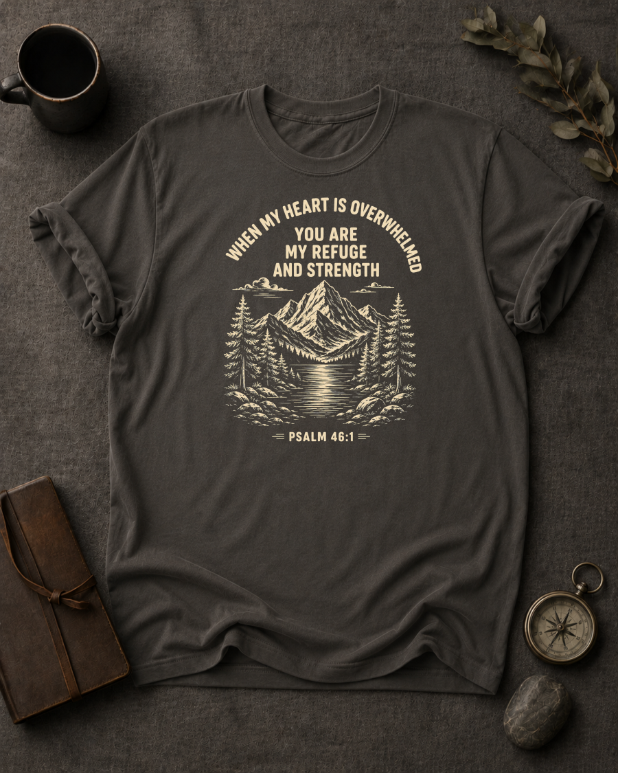Pepper Comfort Colors t-shirt with 'You Are My Refuge and Strength' Christian design, Psalm 46:1
