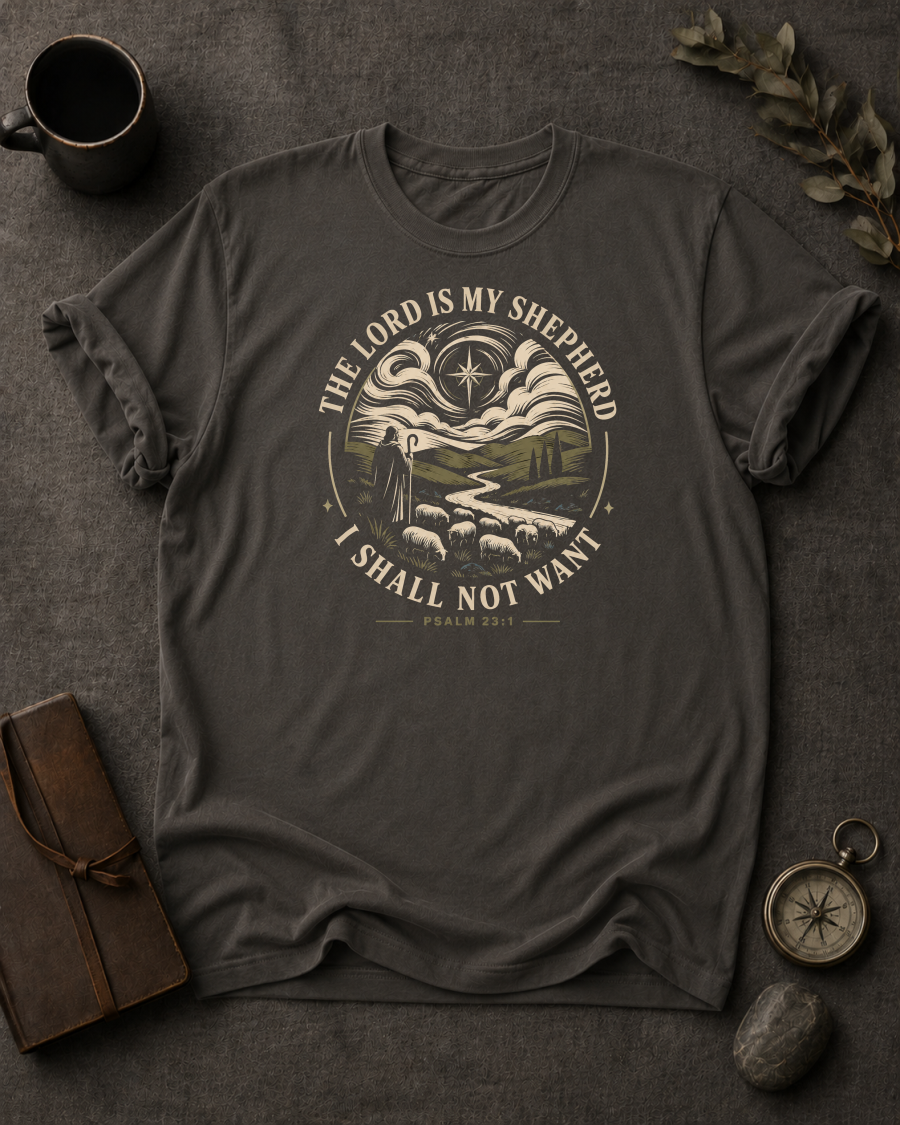 pepper omfort Colors t-shirt with "The Lord Is My Shepherd I Shall Not Want" Psalm 23:1 shepherd and flock illustration in Bay colorway, styled with coffee mug, compass, and leather journal