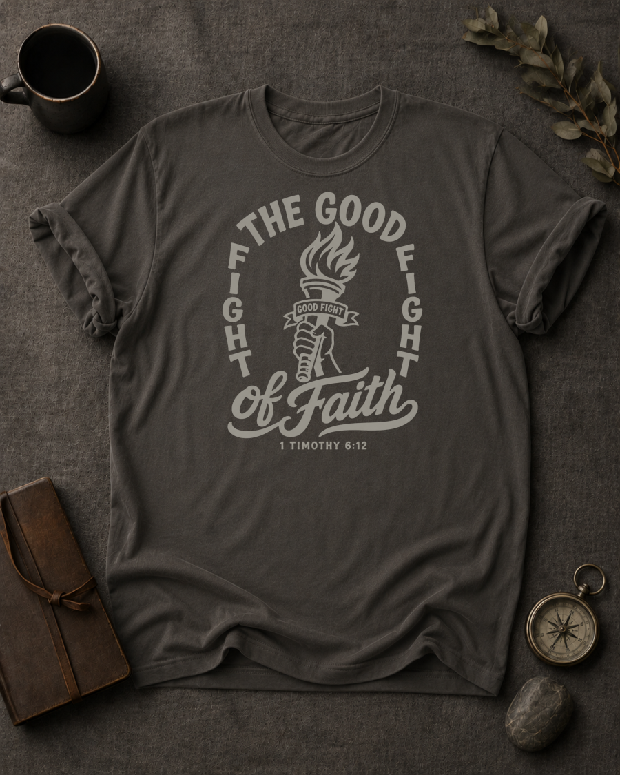 Fight the Good Fight Christian t-shirt in Pepper – 1 Timothy 6:12 back print design | To His Glory Club