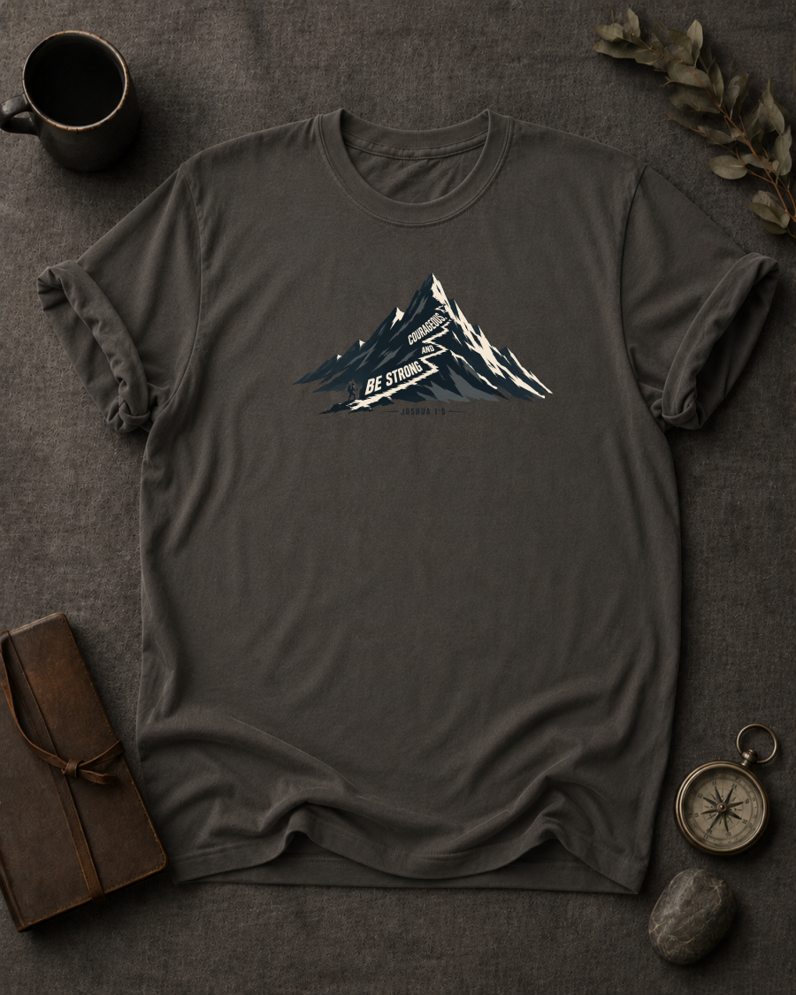 Be Strong and Courageous — Joshua 1:9 mountain t-shirt Comfort Colors 1717 Pepper