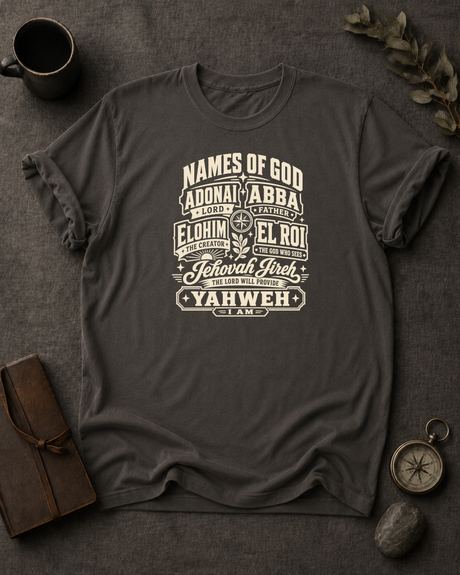 pepper Comfort Colors t-shirt with vintage badge design listing the Names of God — Adonai, Abba, Elohim, El Roi, Jehovah Jireh, Yahweh"