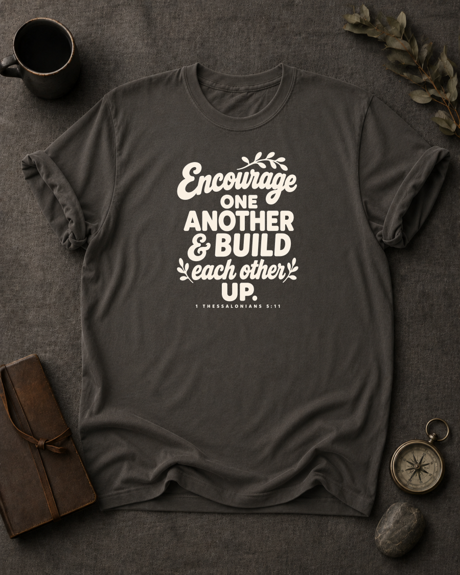 pepper Comfort Colors t-shirt with hand-lettered "Encourage One Another & Build Each Other Up" 1 Thessalonians 5:11 design in Bay colorway, styled with coffee mug, compass, and leather journal
