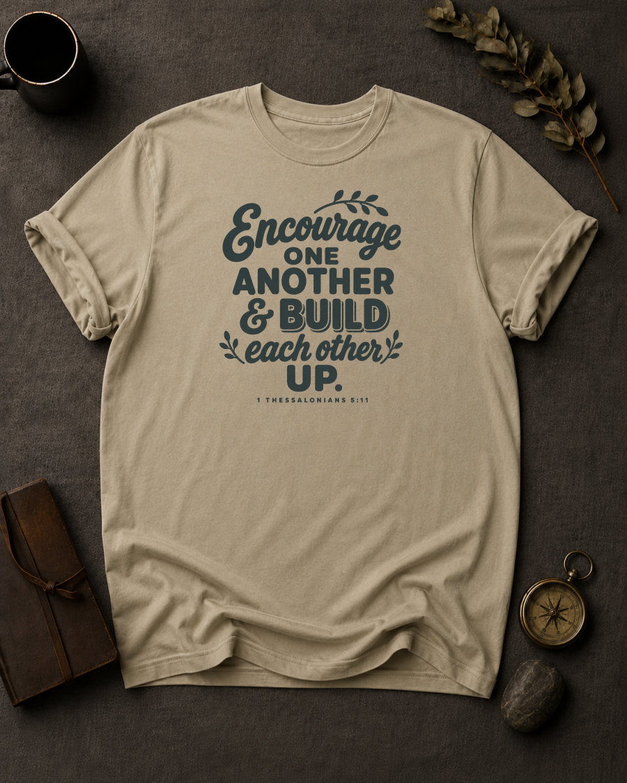 sandstone Comfort Colors t-shirt with hand-lettered "Encourage One Another & Build Each Other Up" 1 Thessalonians 5:11 design in Bay colorway, styled with coffee mug, compass, and leather journal