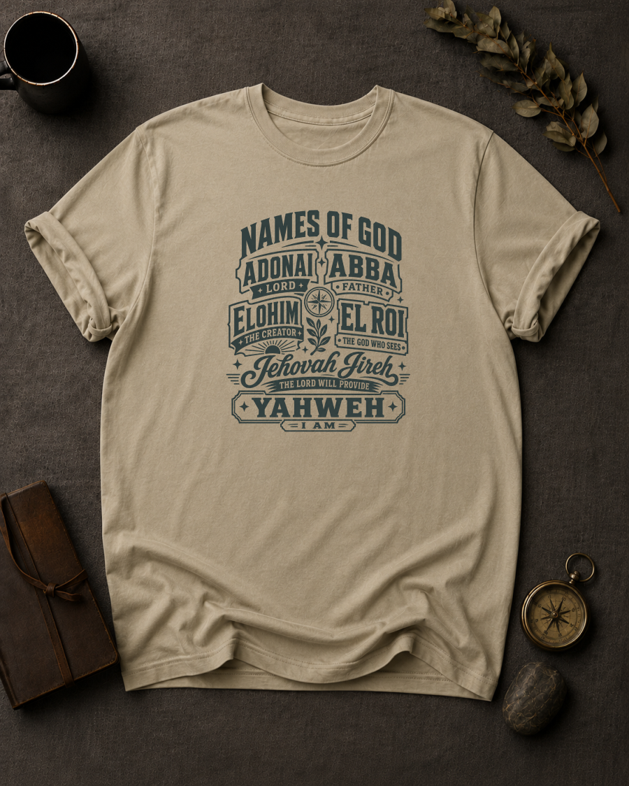 sandstone Comfort Colors t-shirt with vintage badge design listing the Names of God — Adonai, Abba, Elohim, El Roi, Jehovah Jireh, Yahweh"