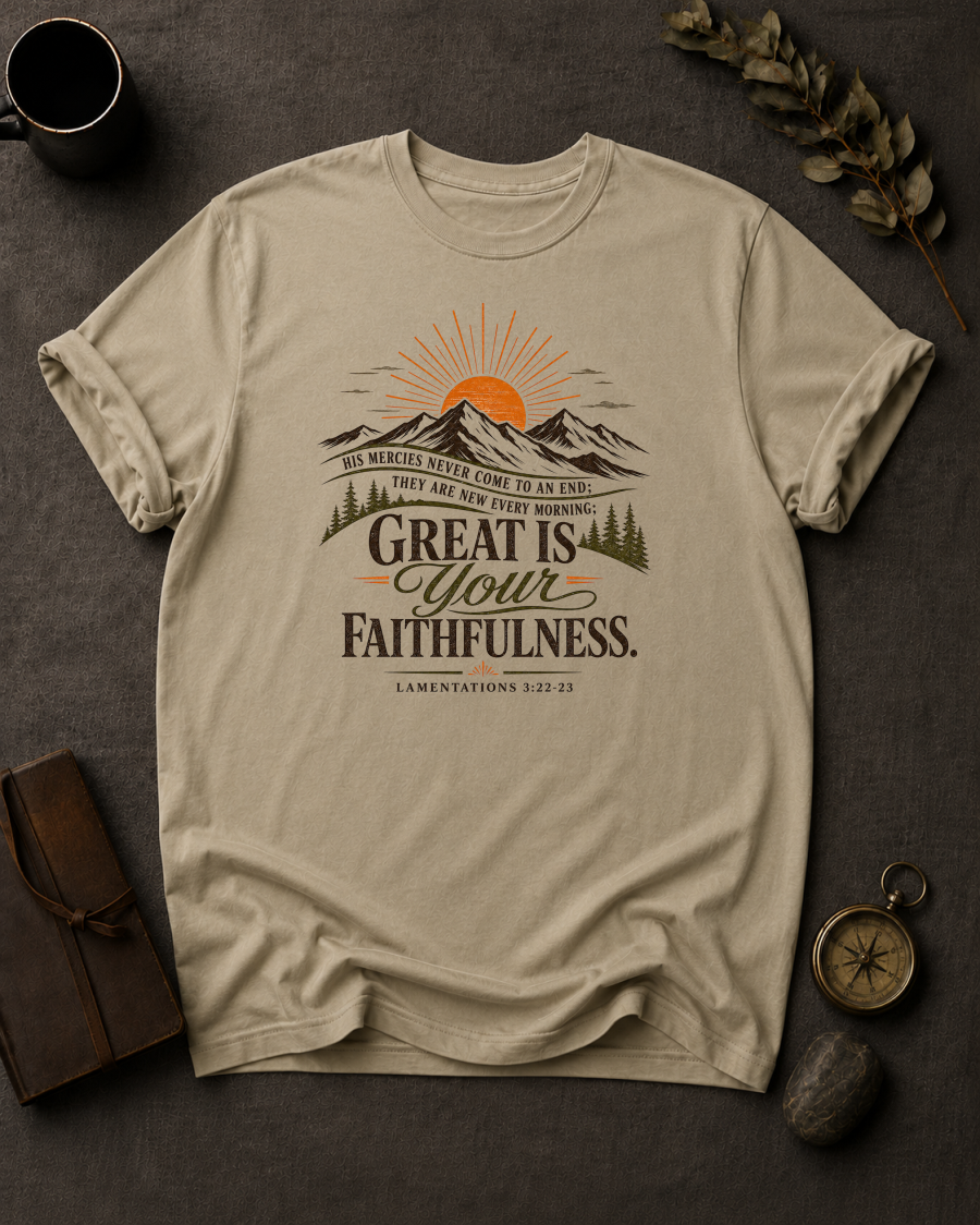 sandstone Comfort Colors t-shirt with sunrise mountain design and Lamentations 3:22-23 — 'Great is your faithfulness