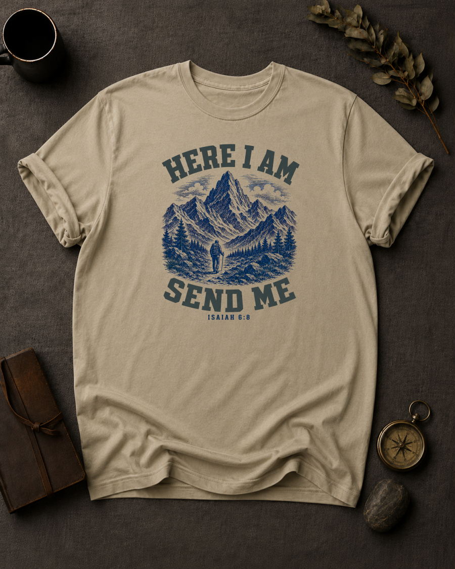 Sandstone Comfort Colors t-shirt with 'Here I Am Send Me' Christian design, Isaiah 6:8