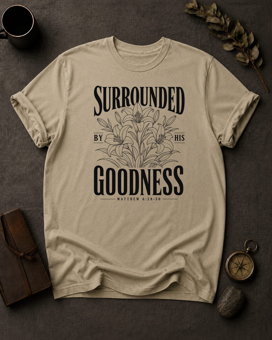 Surrounded By His Goodness | Matthew 6:28-30 Christian T-Shirt