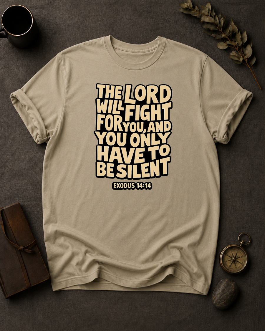Sandstone Comfort Colors t-shirt with 'The Lord Will Fight for You' Christian design, Exodus 14:14