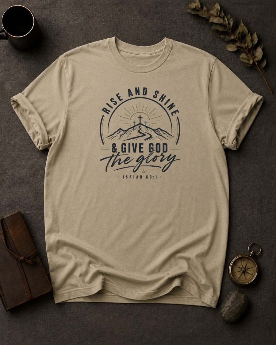 sandstone Comfort Colors t-shirt with "Rise and Shine & Give God the Glory" Isaiah 60:1 mountain sunrise cross design in Bay colorway, styled with coffee mug, compass, and leather journal
