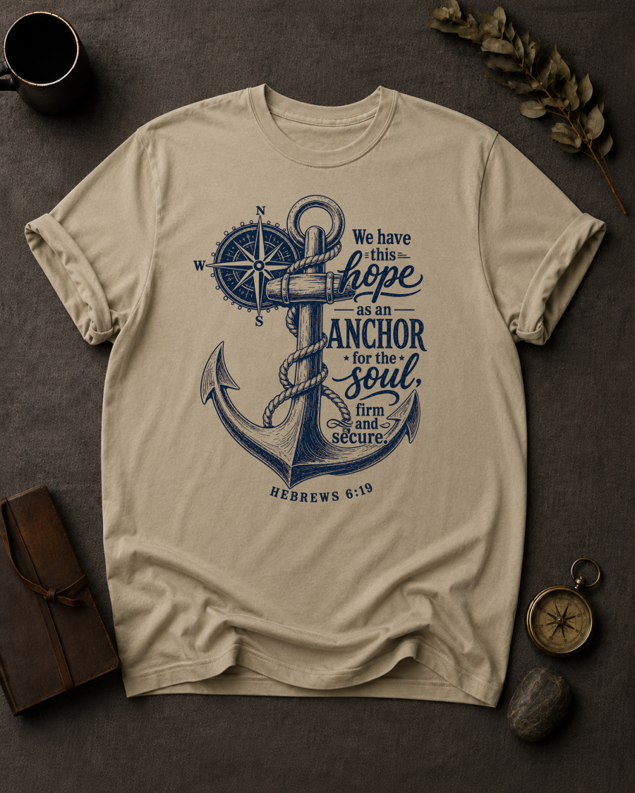 sandstone Comfort Colors t-shirt with navy anchor and compass design, Hebrews 6:19 — 'We have this hope as an anchor for the soul'