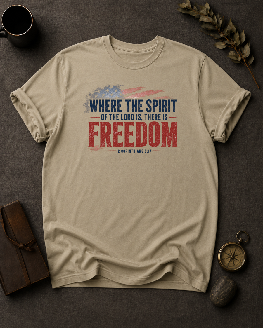 sandstone Comfort Colors t-shirt with distressed American flag and navy/red typography, 2 Corinthians 3:17 — 'Where the Spirit of the Lord is, there is freedom