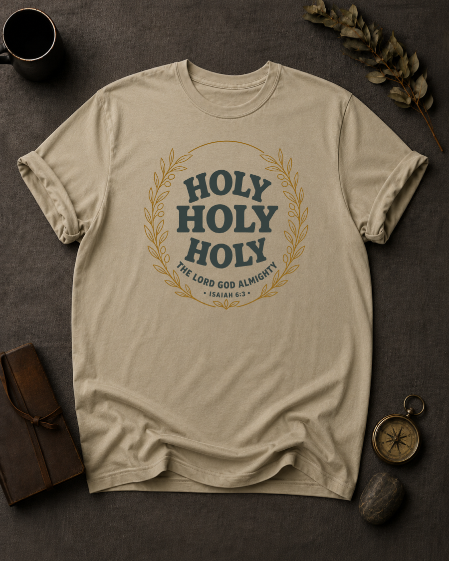 sandstone Comfort Colors t-shirt with "Holy Holy Holy" Isaiah 6:3 wreath