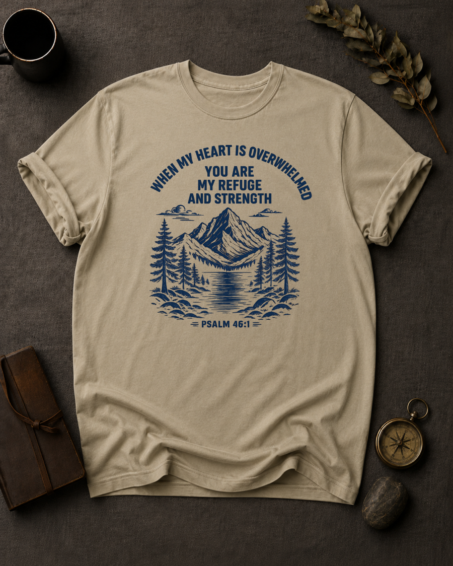 Sandstone Comfort Colors t-shirt with 'You Are My Refuge and Strength' Christian design, Psalm 46:1