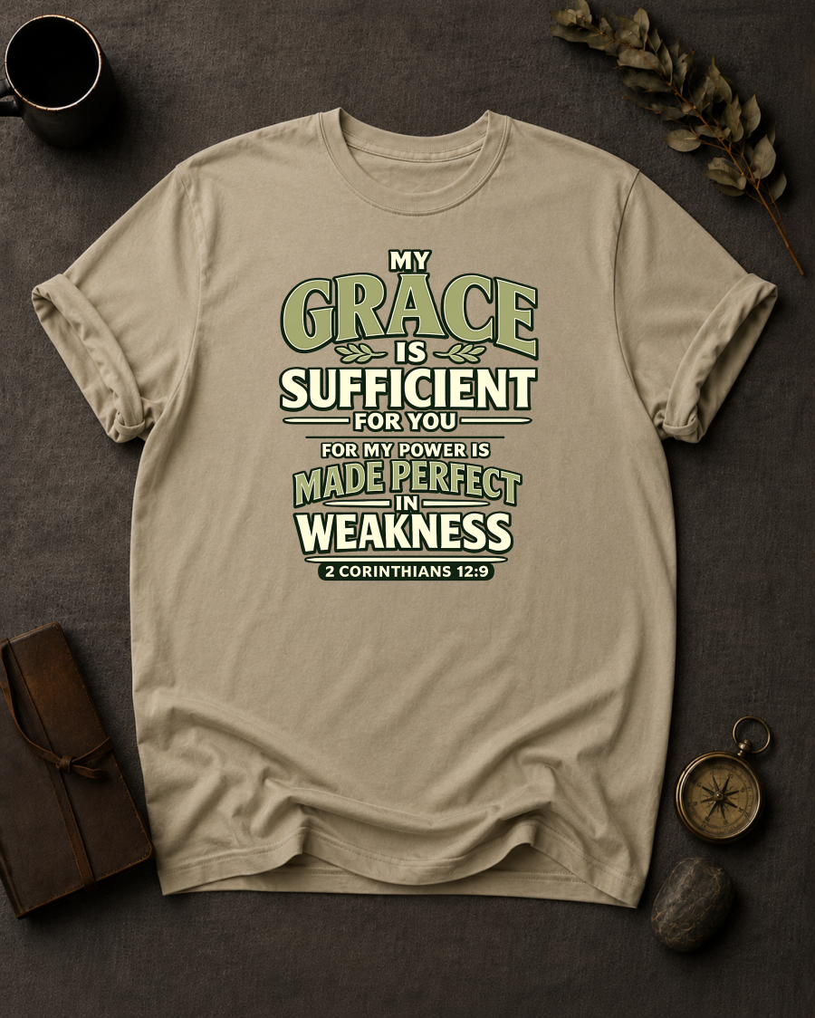 Sandstone Comfort Colors t-shirt with 'My Grace Is Sufficient' Christian design, 2 Corinthians 12:9