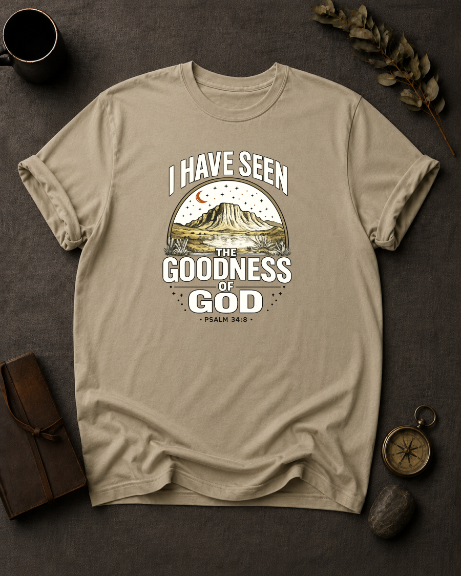 Sandstone Comfort Colors t-shirt with 'I Have Seen the Goodness of God' Christian design, Psalm 34:8