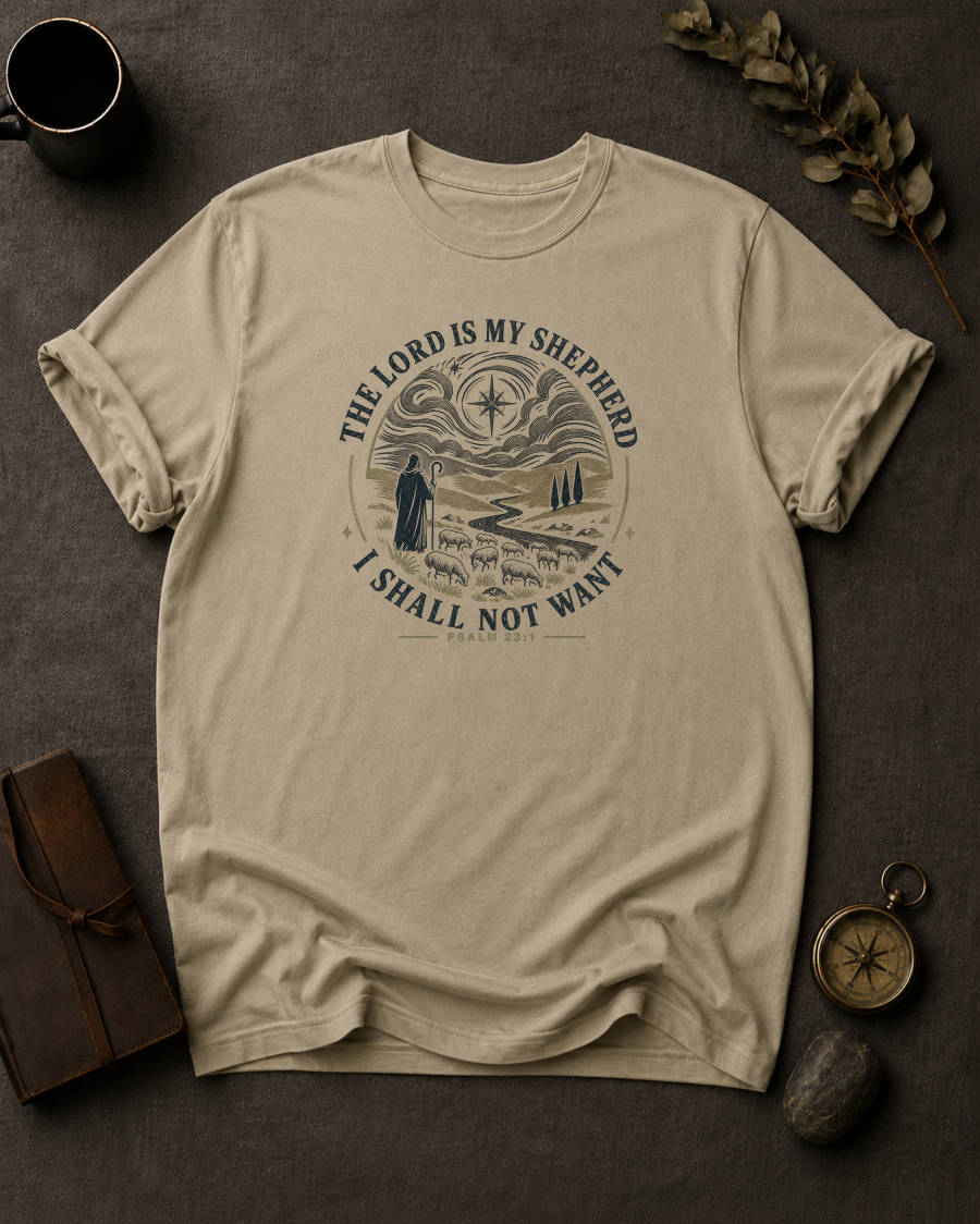 sandstone omfort Colors t-shirt with "The Lord Is My Shepherd I Shall Not Want" Psalm 23:1 shepherd and flock illustration in Bay colorway, styled with coffee mug, compass, and leather journal