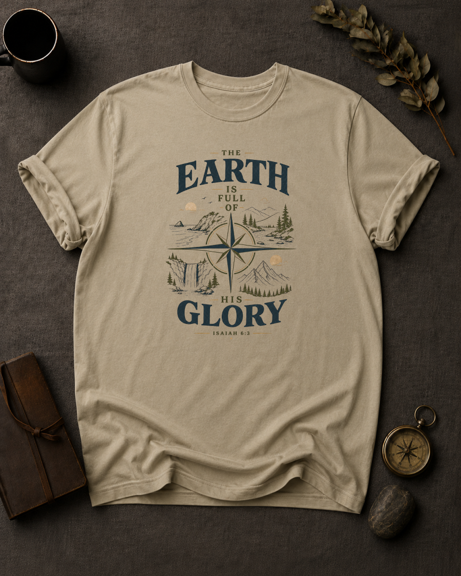 sandstone Comfort Colors t-shirt with "The Earth Is Full of His Glory" Isaiah 6:3 compass rose landscape design in Bay colorway, styled with coffee mug, compass, and leather journal