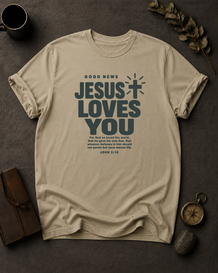 sandstone Comfort Colors t-shirt with cross graphic reading 'Good News, Jesus Loves You' and John 3:16 verse"