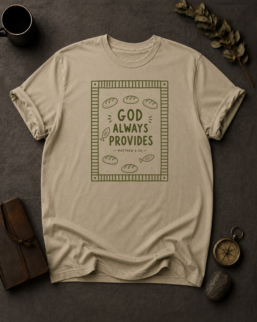 sandstone Comfort Colors t-shirt with bread and fish bordered design and Matthew 6:26 — 'God Always Provides'