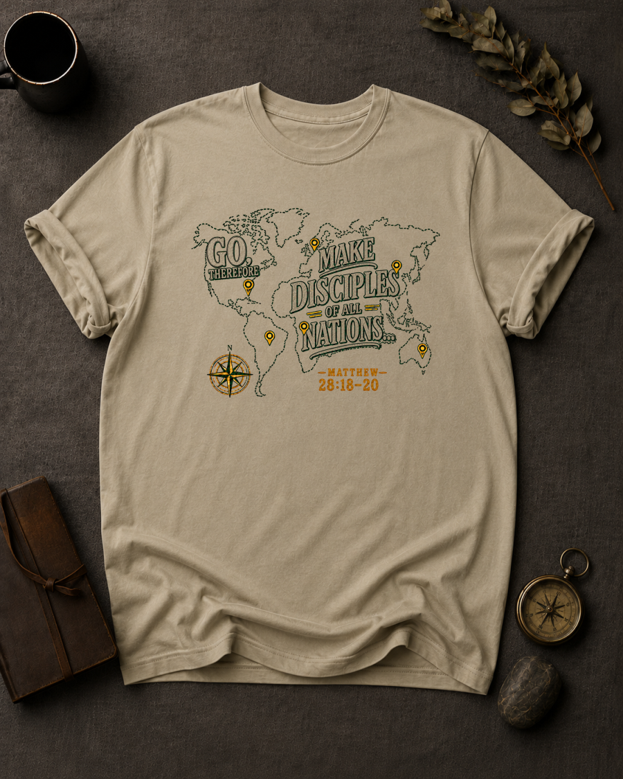 Go Therefore Christian T-Shirt in Sandstone - Comfort Colors 1717