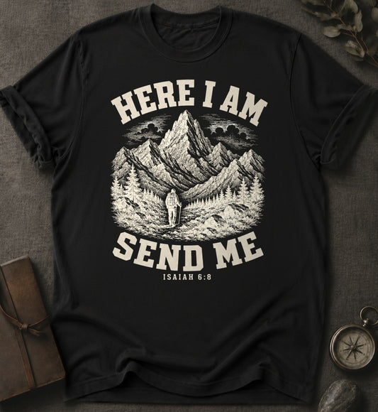 Here I Am Send Me Christian T-Shirt in Black - Comfort Colors 1717 | To His Glory Club