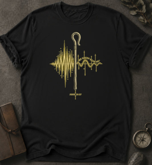 My Sheep Hear My Voice Christian T-Shirt in Black - Comfort Colors 1717 | To His Glory Club