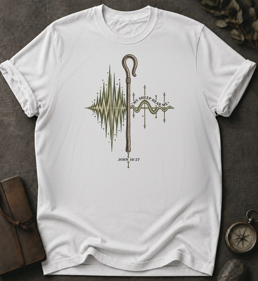 My Sheep Hear My Voice Christian T-Shirt in White - Comfort Colors 1717 | To His Glory Club
