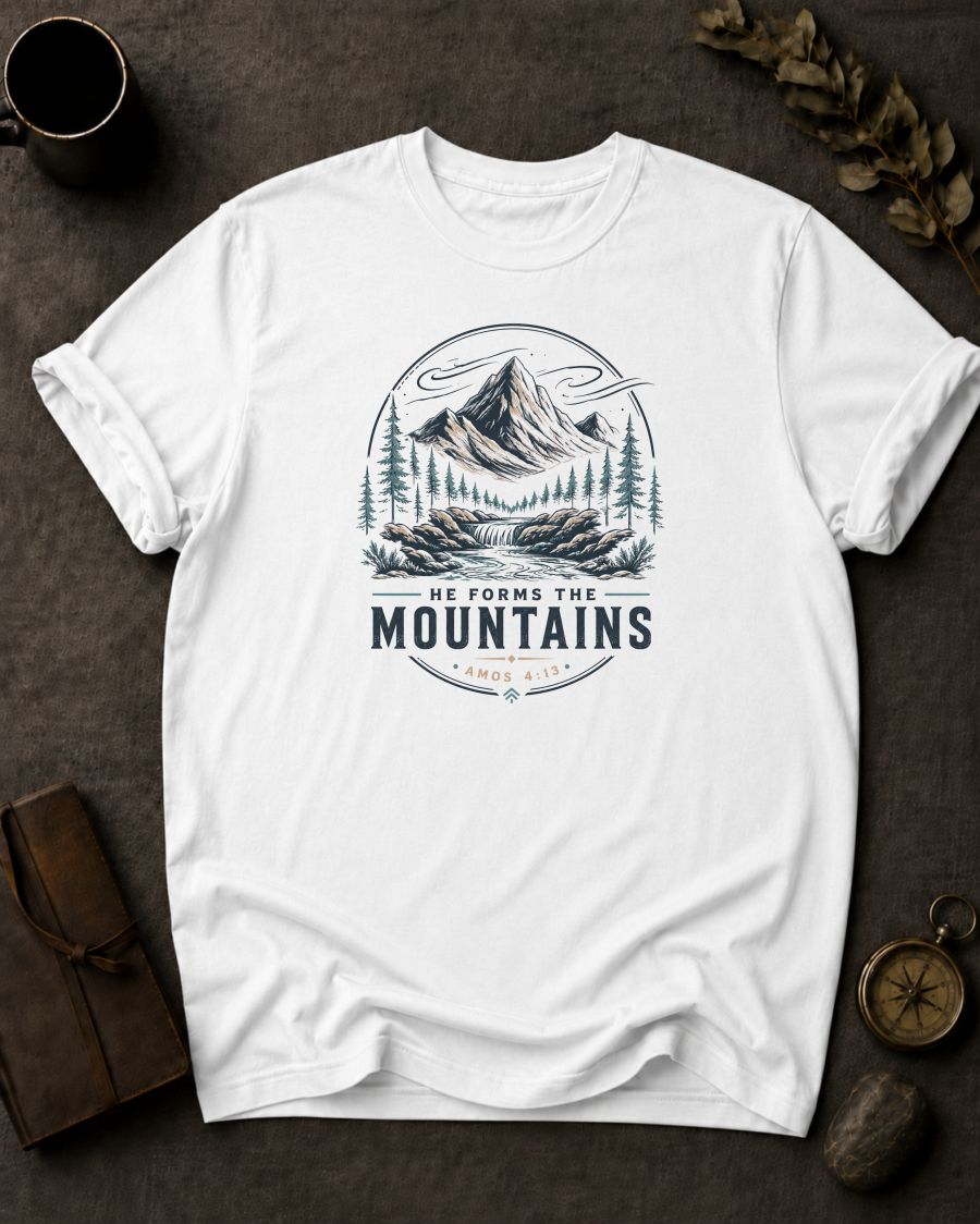 white Comfort Colors t-shirt with mountain waterfall design and Amos 4:13 — 'He Forms the Mountains'