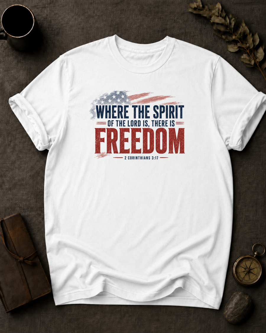 white Comfort Colors t-shirt with distressed American flag and navy/red typography, 2 Corinthians 3:17 — 'Where the Spirit of the Lord is, there is freedom