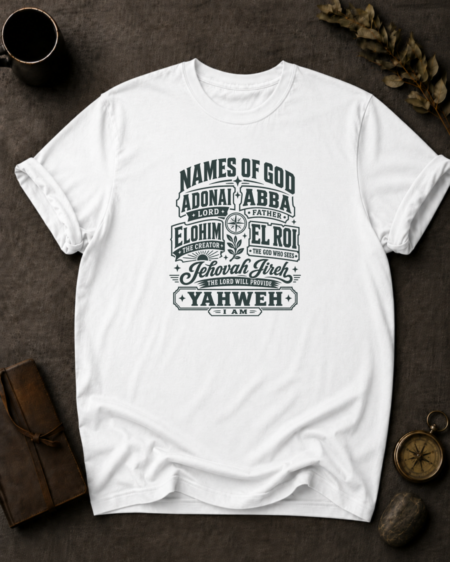 white Comfort Colors t-shirt with vintage badge design listing the Names of God — Adonai, Abba, Elohim, El Roi, Jehovah Jireh, Yahweh"