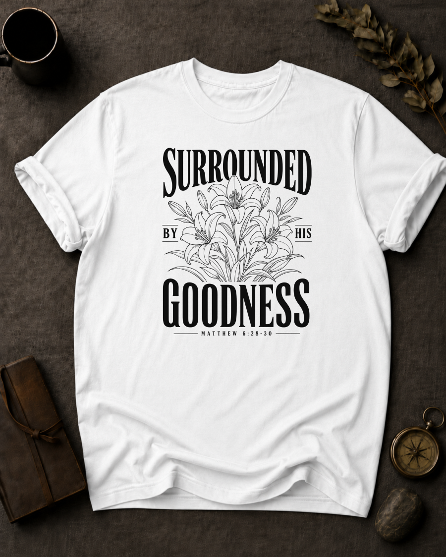 Surrounded By His Goodness | Matthew 6:28-30 Christian T-Shirt
