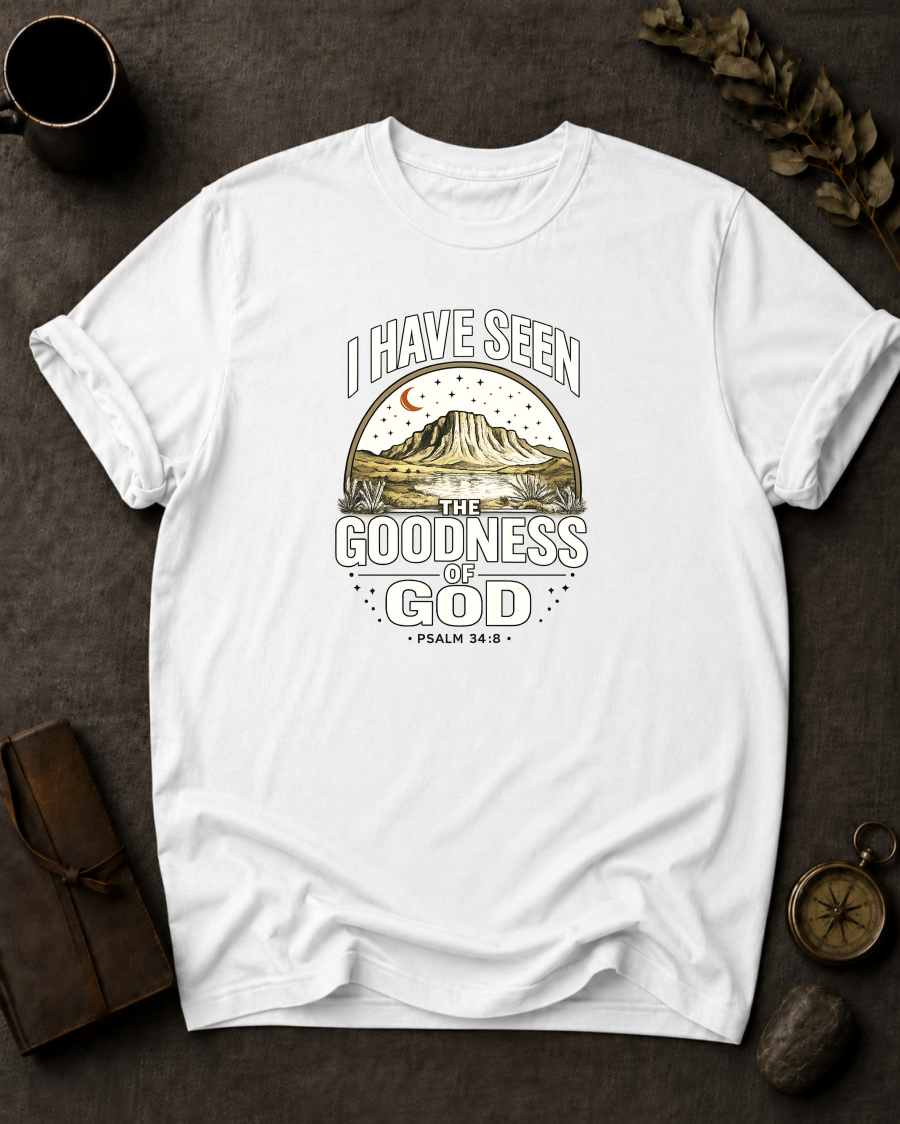 White Comfort Colors t-shirt with 'I Have Seen the Goodness of God' Christian design, Psalm 34:8