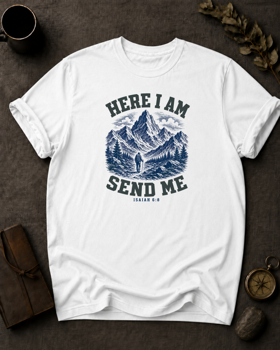 White Comfort Colors t-shirt with 'Here I Am Send Me' Christian design, Isaiah 6:8