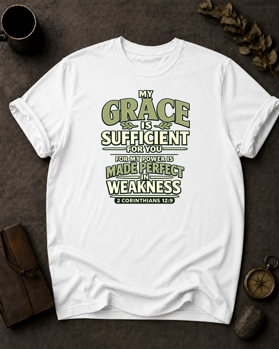 White Comfort Colors t-shirt with 'My Grace Is Sufficient' Christian design, 2 Corinthians 12:9