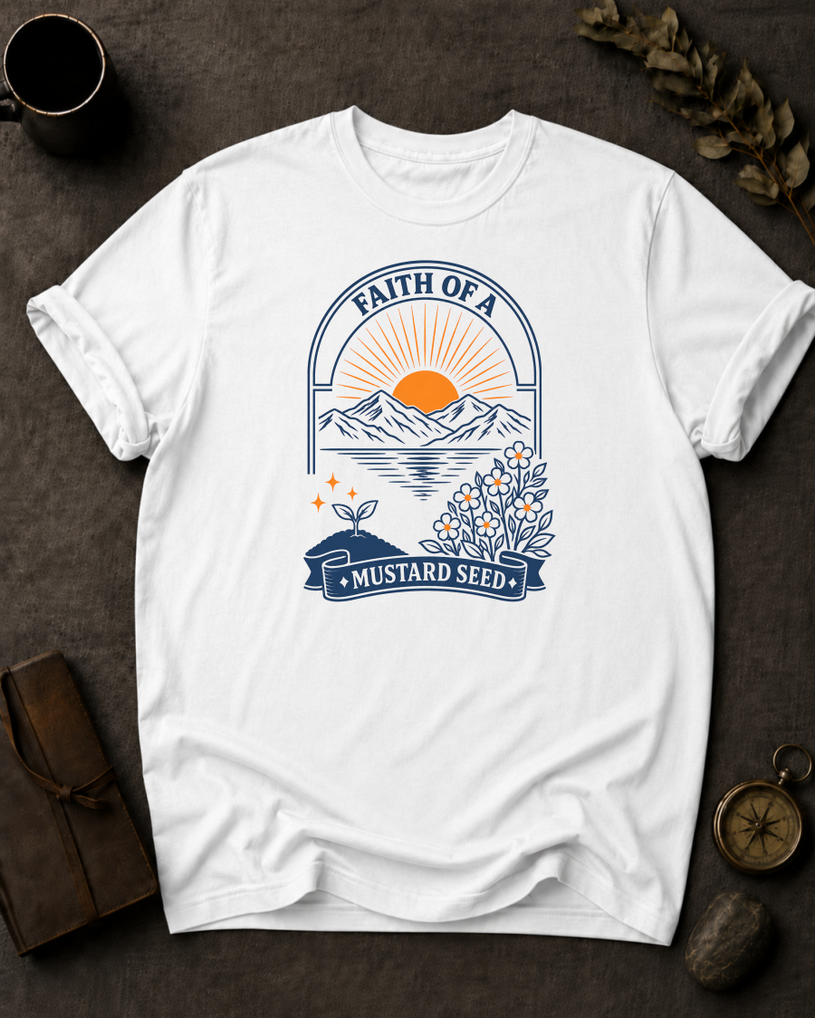 Faith of a Mustard Seed Christian t-shirt in White – Matthew 17:20 back print design | To His Glory Club