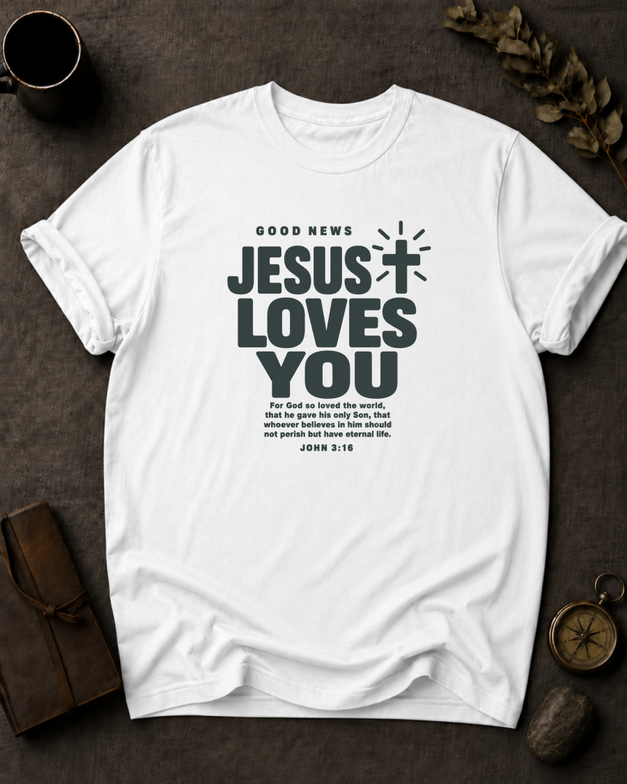 white Comfort Colors t-shirt with cross graphic reading 'Good News, Jesus Loves You' and John 3:16 verse"