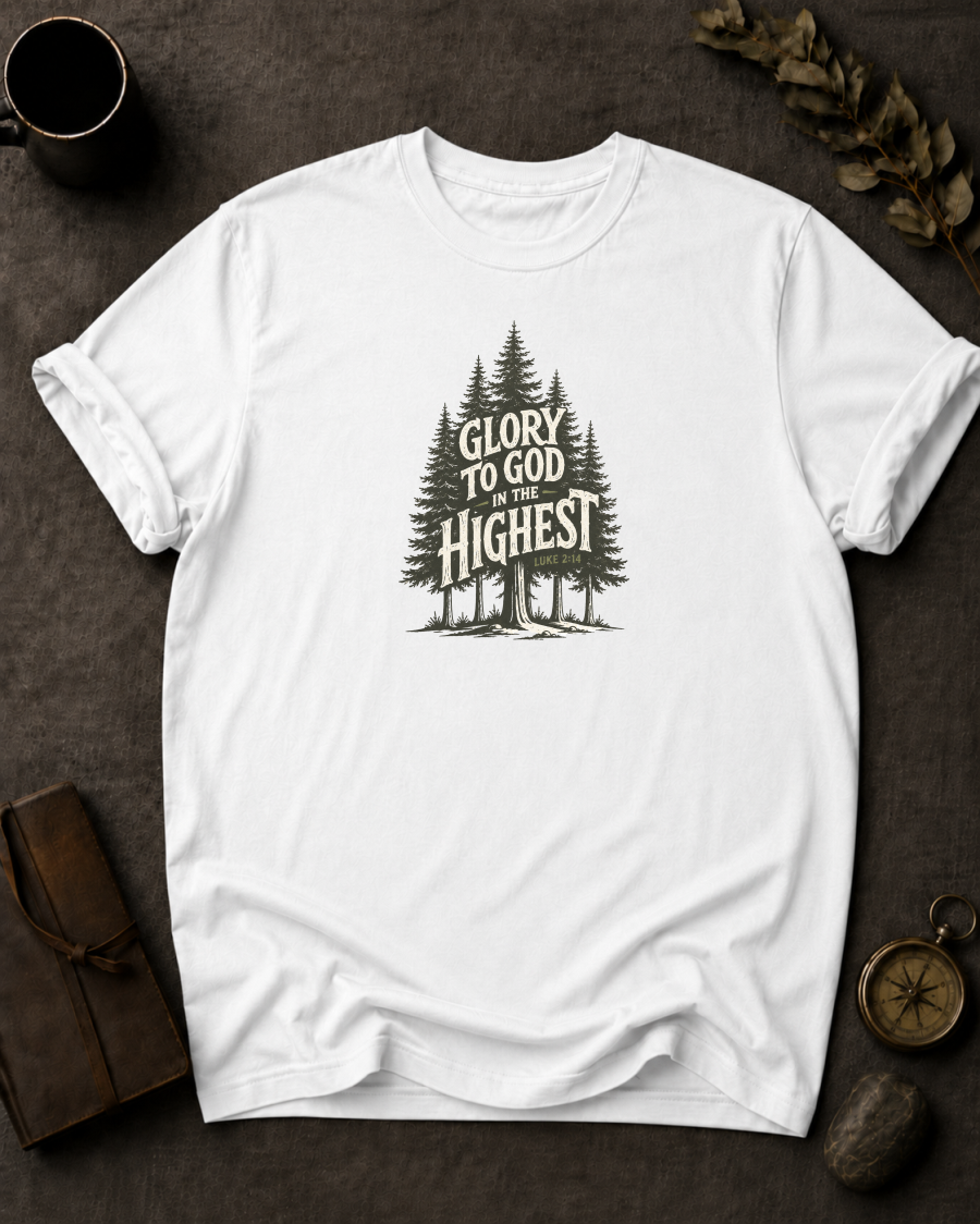 white Comfort Colors t-shirt with pine forest illustration reading 'Glory to God in the Highest, Luke 2:14'"