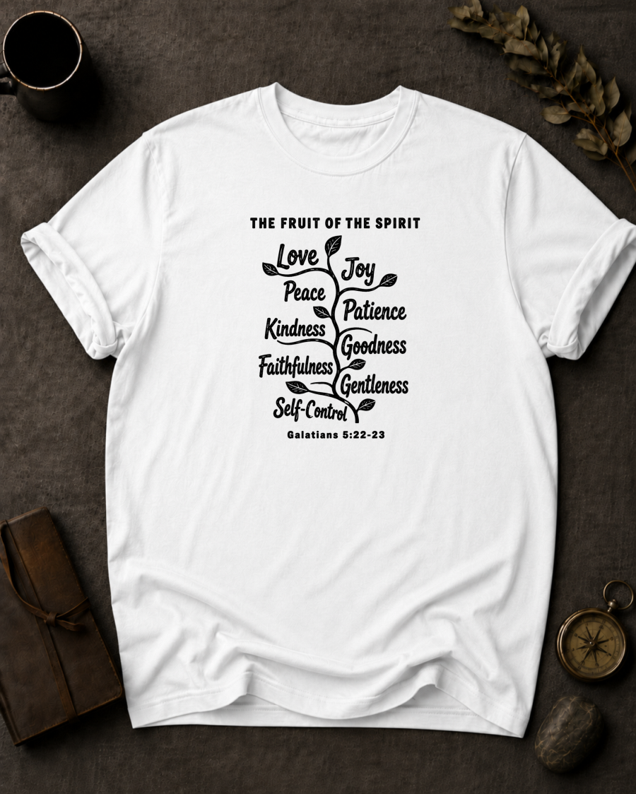 white Comfort Colors t-shirt with vine illustration listing the Fruit of the Spirit — love, joy, peace, patience, kindness, goodness, faithfulness, gentleness, self-control — Galatians 5:22-23"