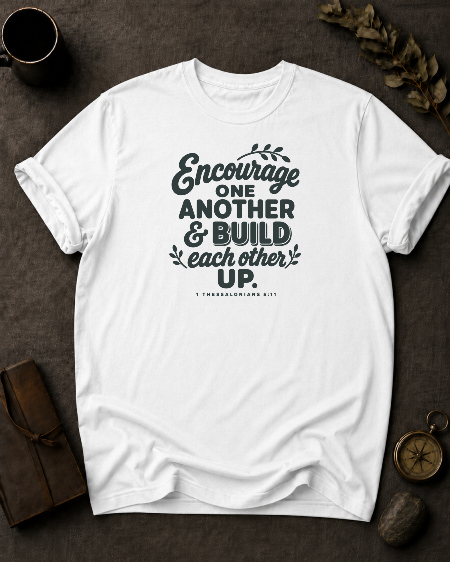 white Comfort Colors t-shirt with hand-lettered "Encourage One Another & Build Each Other Up" 1 Thessalonians 5:11 design in Bay colorway, styled with coffee mug, compass, and leather journal