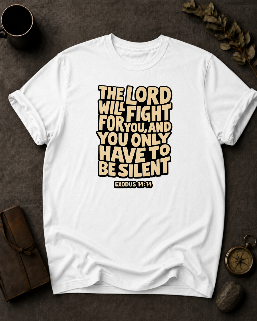 White Comfort Colors t-shirt with 'The Lord Will Fight for You' Christian design, Exodus 14:14
